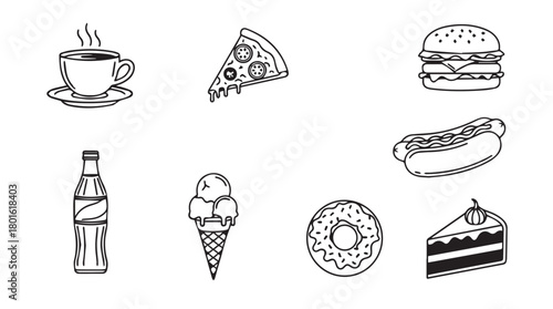 Collection of delicious fast food and drink items in a charming hand drawn sketch silhouette style