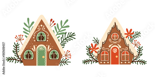 Cute Christmas gingerbread houses. Scandinavian Christmas clip art, hand-drawn. Perfect for a T-shirt logo, greeting card, poster, or nursery design.