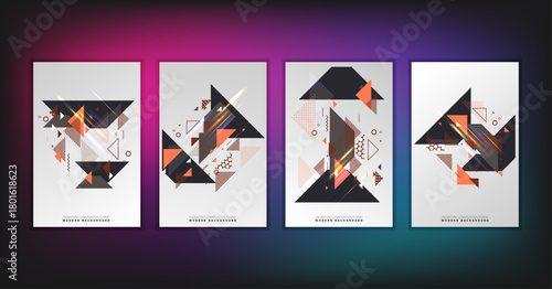 Abstract geometric composition forms modern background with decorative triangles and patterns backdrop vector illustration set