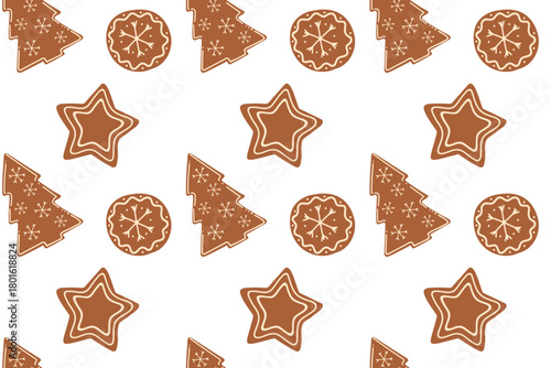 Seamless pattern. Cute Christmas gingerbread cookies, delicious round cookies. Festive hand-drawn ornament. Perfect for greeting cards, posters, nursery designs, prints, and textiles.