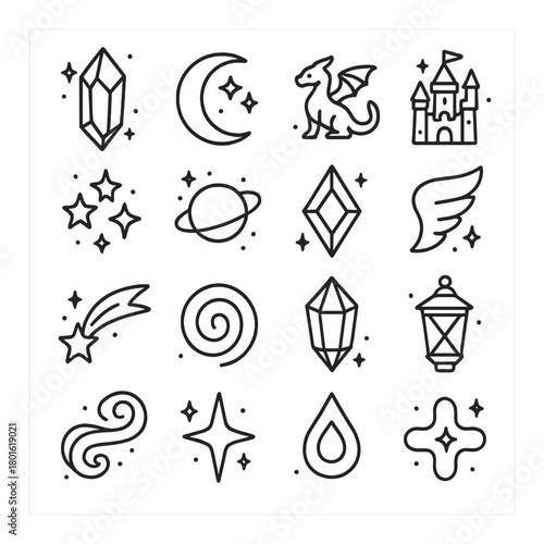 Magical symbols set: crystal, dragon, castle, planet, and stars in outline style