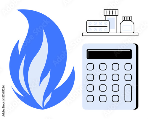Blue flame, calculator, and medical-related items convey energy expenses, healthcare budgeting, financial planning. Ideal for savings, utility expenses, medicine, budgeting tools energy management