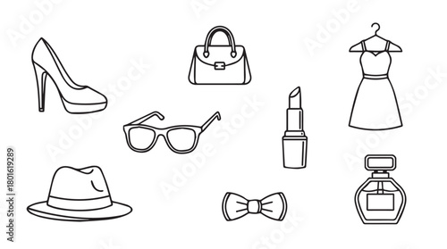 Collection of fashion accessories and beauty items depicted in a simple line drawing silhouette style