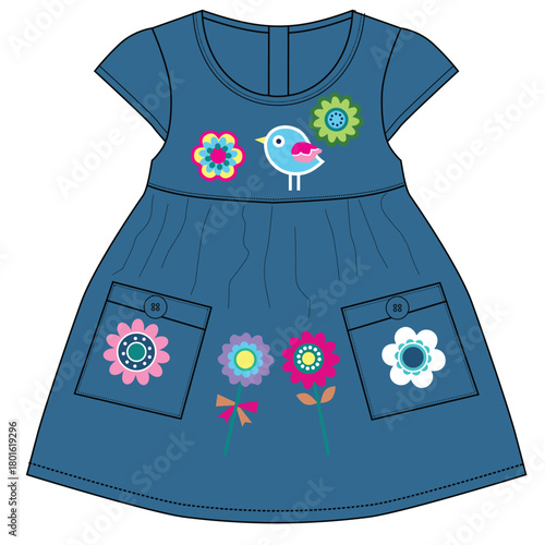 baby girls denim frocks flower bird print
