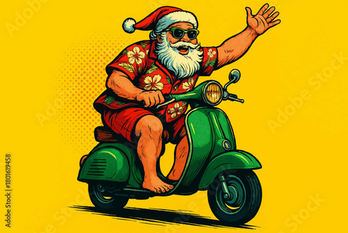 Santa Claus in a Hawaiian shirt and sunglasses riding a green scooter, blending Christmas with a beach vacation vibe. Generative ai vector colorful pop art illustration.