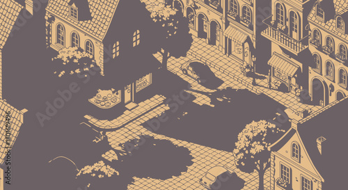 Isometric Monochrome Illustration of an Old European Town Square