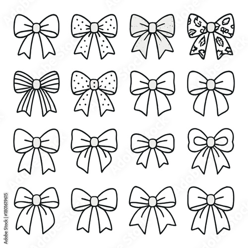 Variety of hand-drawn bow tie designs in black and white