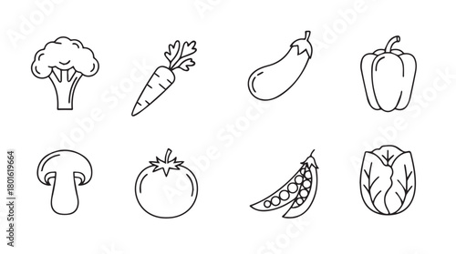 Collection of eight hand drawn vegetable icons in a simple outline silhouette style