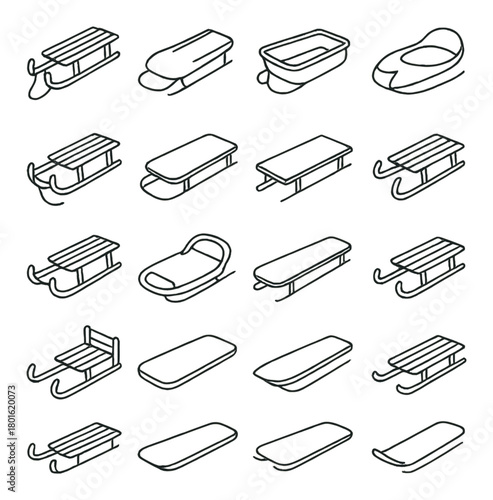 Variety of sleigh and sled designs illustrations on gray background
