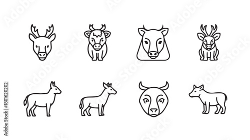 Collection of stylized animal head and body illustrations in a simple black and white silhouette style