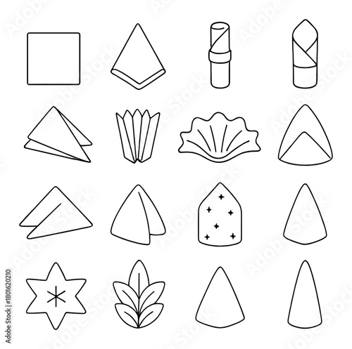 Fourteen napkin folding techniques on gray background