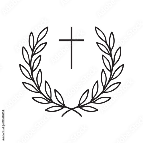 a simple black and white illustration featuring a laurel wreath encircling a christian cross symbol