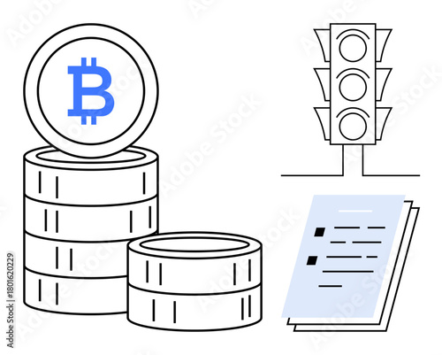 Bitcoin coins stacked, a traffic light, and documents to represent cryptocurrency rules, decision-making, finance, legal compliance. Ideal for blockchain, fintech, investments and governance