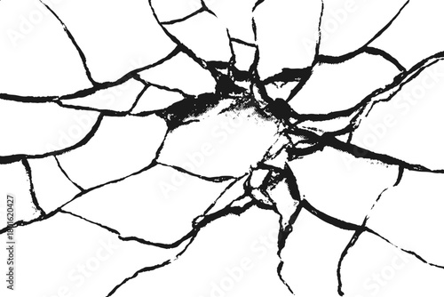 Broken glass bullet impact vector with realistic cracked pattern and circular fracture. Abstract shattered design with fragments and burst energy effect in black.