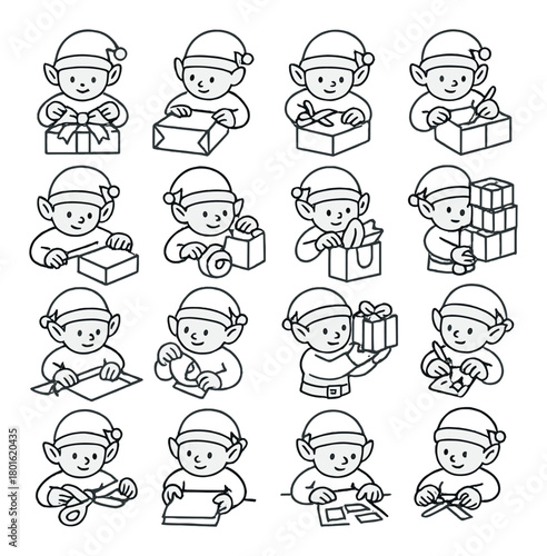 Christmas elves wrapping gifts in various festive activities