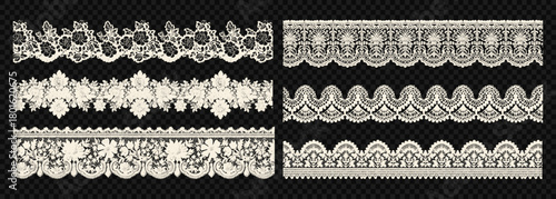 Vintage floral lace embroidery border set. Vector pattern with ornamental trim, scalloped mesh texture. Elegant ribbon illustration. Botanical blossoms, refined textile for vintage editorial design.