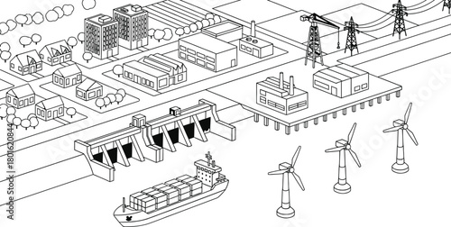 Energy production illustration with wind turbines and hydro power editable vector