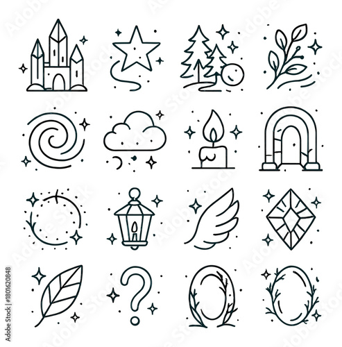 Whimsical fantasy elements with castle and nature icons in minimalist style
