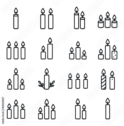 Minimalist candle doodles on gray background in various arrangements