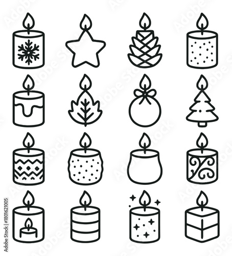 Set of sixteen decorative candle icons with holiday designs
