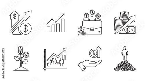 Collection of financial growth and investment icons in a simple line art silhouette style