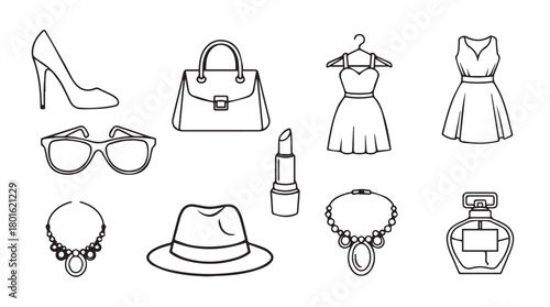 Collection of elegant fashion accessories and clothing items depicted in a clean black and white silhouette style