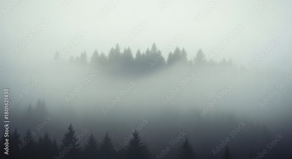 Fototapeta premium A dense evergreen forest on a mountainside is shrouded in thick, atmospheric morning fog.