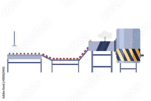 Apple juice production. Juice factory processing and packaging line. Food industry