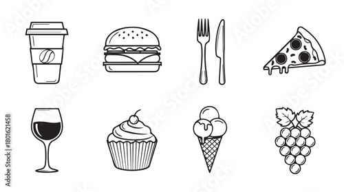 Collection of hand drawn food and drink icons in a simple silhouette style for creative design