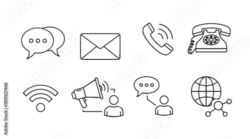 Collection of communication and connection icons in a clean line art silhouette style
