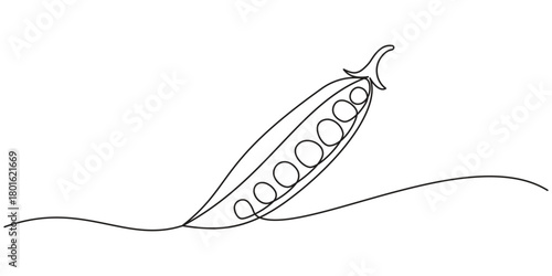 Continuous one line drawing of whole healthy organic pea for harvesting logo identity. Fresh seed pod of sativum concept vegetable icon. Single line draw design vector graphic illustration.