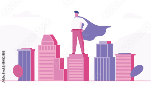 A solitary hero in a vibrant blue cape stands heroically atop a towering skyscraper surveying the city below with determination and strength