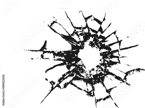 Black shattered glass bullet hole background burst effect. Abstract realistic crack pattern with center impact and radial splinters. Vector grunge overlay for posters, energy graphics.