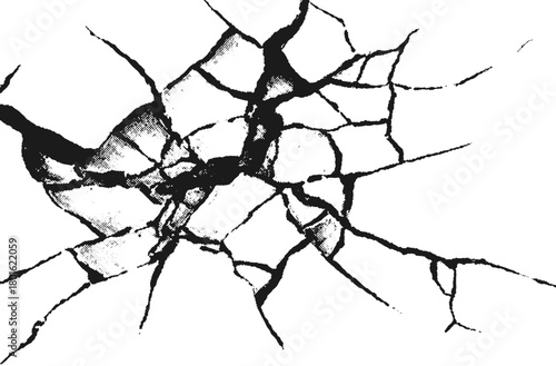 Broken glass crack vector texture with bullet impact and realistic shatter pattern. Abstract radial fracture forms burst effect for backgrounds.