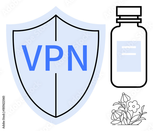 Shield with VPN, medicine bottle, and flower illustration. Ideal for cybersecurity, health, medical care, natural remedies, digital protection wellness minimalism. Simple flat metaphor