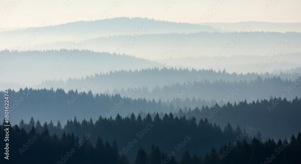 Fototapeta premium Serene misty forest landscape with layered evergreen trees fading into the distance under a soft, hazy sky.