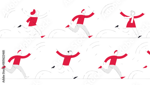 Dynamic group of abstract red figures in motion across a stark black linear background perfect for energetic and modern design concepts