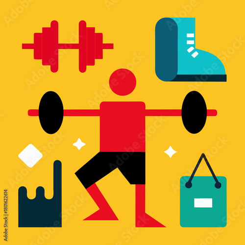 Flat design illustration of a person lifting weights with gym accessories