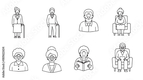 Collection of eight diverse elderly people depicted in a charming hand drawn sketch silhouette style