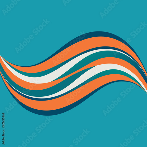 Abstract wavy stripes of orange white teal and blue on teal background