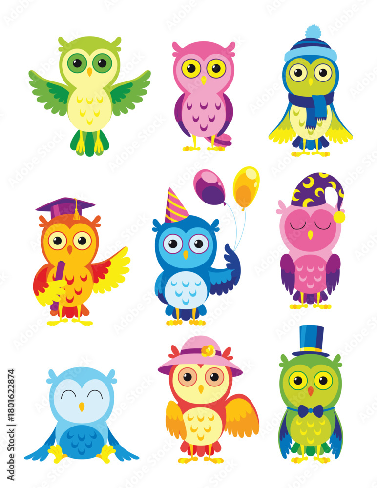 Fototapeta premium Collection of cartoon owls designed especially for kids and children