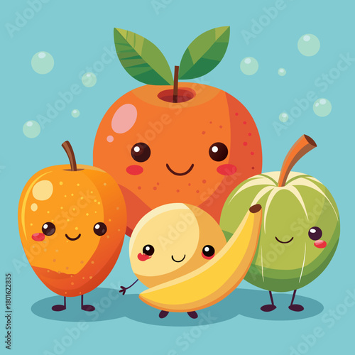 Adorable kawaii fruit friends smiling together on a blue background