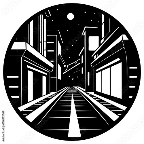 Stylized monochrome cityscape with train tracks under a starry night sky