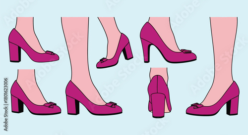 Shop pink block heel pumps with bow detail trendy fashion style editable vector