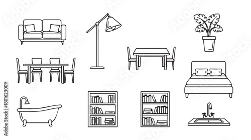 Collection of hand drawn furniture and home decor items in a simple line art silhouette style