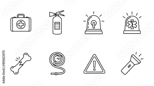 Collection of emergency and safety icons in a simple line art silhouette style
