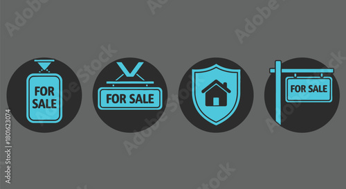 Real estate signs for sale, property listing icons
