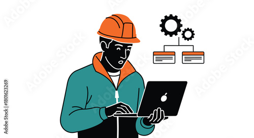 Engineer analyzing data on laptop with gears and workflow graphics