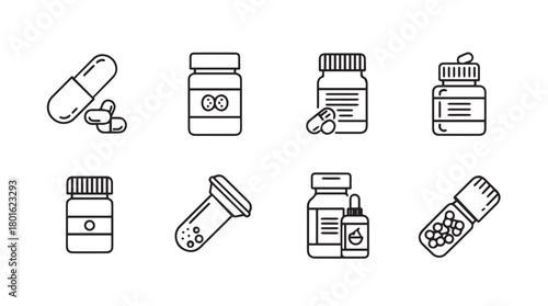 Collection of various medical pill bottles capsules and supplements in a clean line art silhouette style