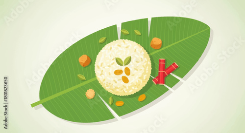 Traditional sadhya meal served on banana leaf, kerala cuisine, top view. Vector illustration.